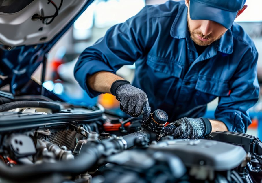 man in coveralls working on a car
